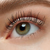 Nahaufnahme eines grünen Auges mit langen Wimpern und einer gepflegten Augenbraue, veredelt mit der Essence lash WITHOUT LIMITS TUBING Extreme Lengthening & Volume Mascara 04.