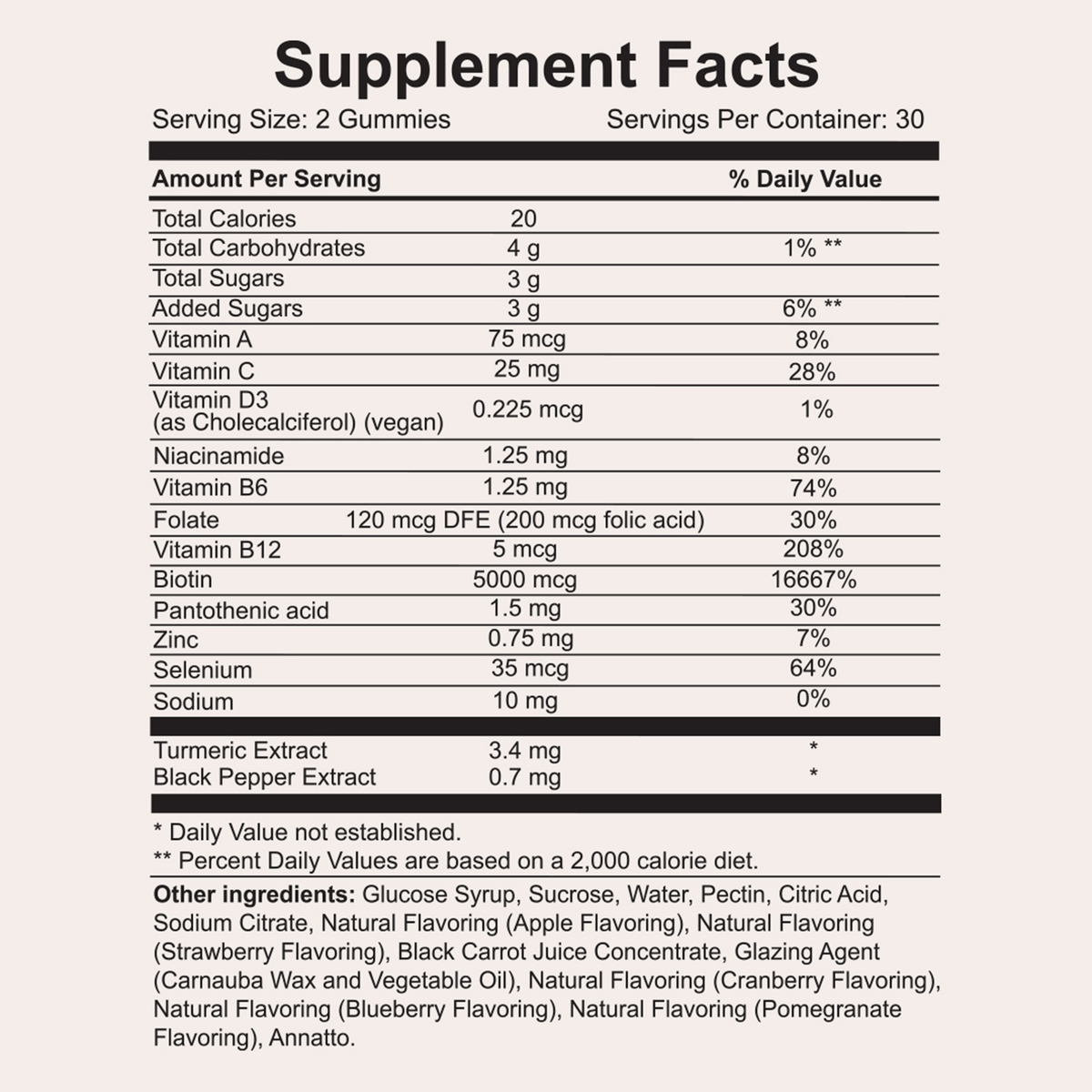 Supplement-Facts-Tabelle der Hairtamin Gummy Stars mit Nährwerten, Vitaminen, Mineralstoffen, Biotin sowie weiteren Inhaltsstoffen.