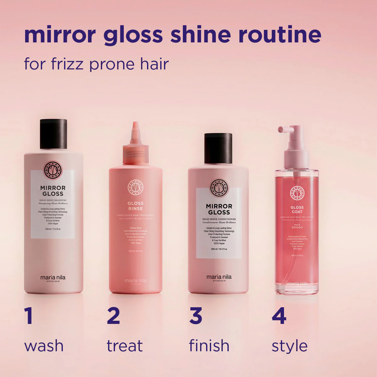 Die Mirror Gloss Serie von Maria Nila – rosa Flaschen, die speziell für krauses Haar entwickelt wurde dargestellt als Haarpflege-Routine.