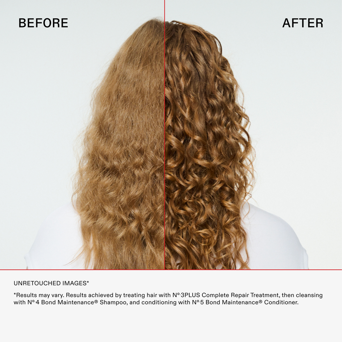 Geteiltes Bild: links krause, rechts glatte, definierte Locken nach der Anwendung von OLAPLEX N°3 PLUS Complete Repair Treatment.