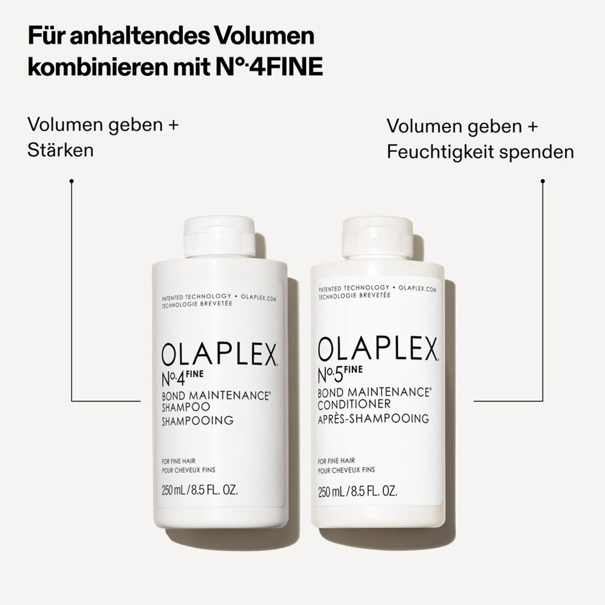 Zwei Flaschen OLAPLEX FINE Conditioner und Shampoo vor weißem Hintergrund; danzu Produktvorteile.