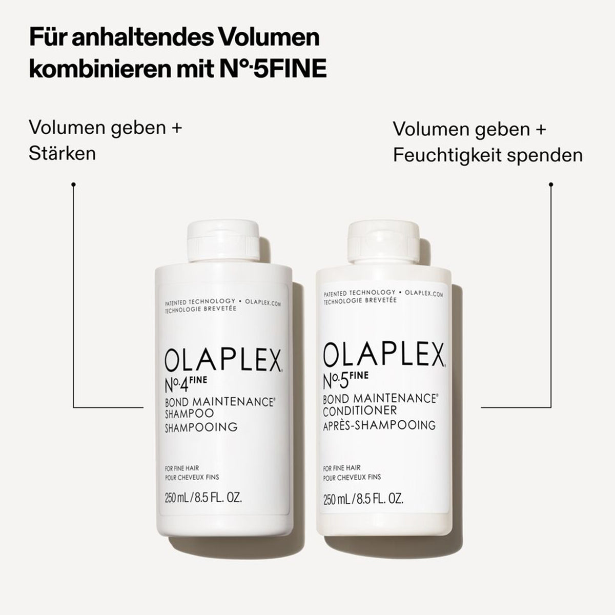 OLAPLEX N°5 FINE Bond Maintenance Conditioner & Shampoo vor weißem Hintergrund; dazu Produktvorteile.