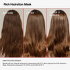 Drei Bilder zeigen glattes Haar vor, nach und fünf Wäschen nach der Anwendung der OLAPLEX Rich Hydration Mask; das Haar erscheint sichtbar hydrierter.