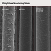 Drei Nahaufnahmen von Haarsträhnen, beschriftet vor und nach der Anwendung der OLAPLEX Weightless Nourishing Mask sowie nach 5 Haarwäschen, zeigen eine zunehmend glattere Textur.