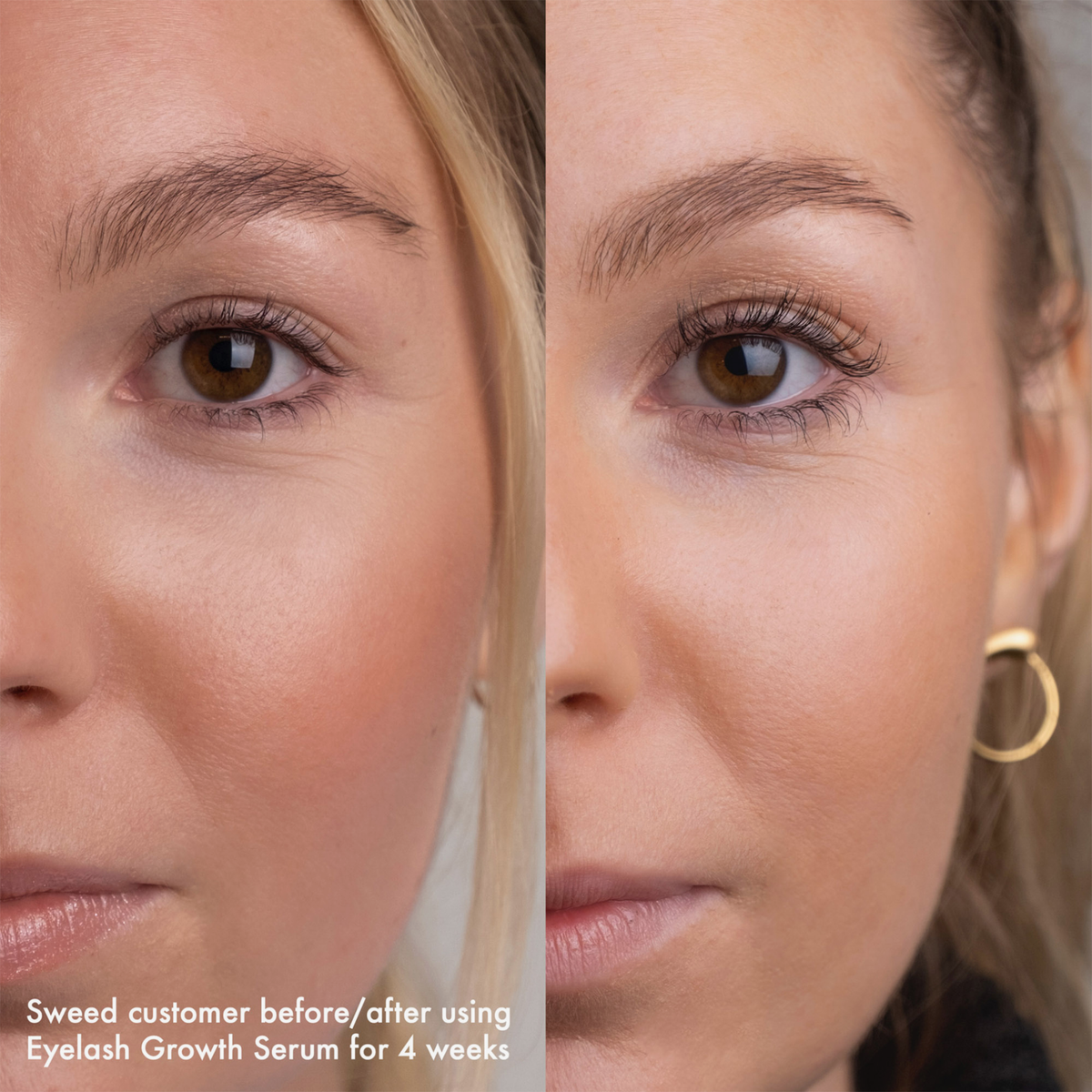 Nahaufnahme des Gesichts einer Frau vor und nach vierwöchiger Anwendung des SWEED-Wimpernwachstumsserums, die vollere und längere Wimpern zeigt.