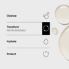 Minimalistische Ikonen der Hautpflege: Reinigen, Verwandeln (Transparent Lab Gentle Exfoliator), Hydratisieren, Schützen.
