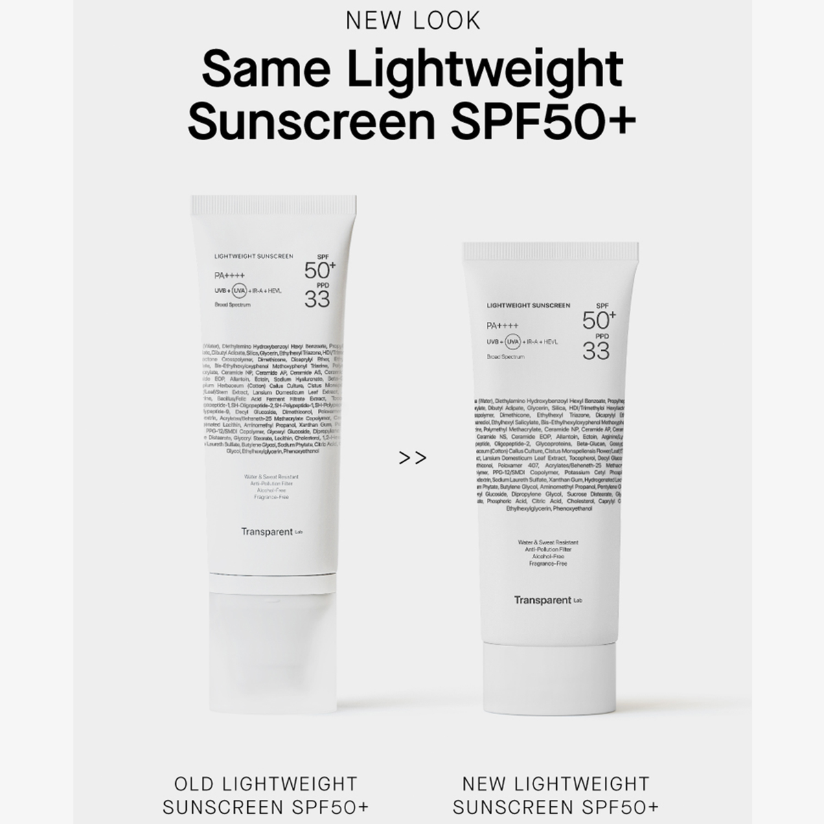 Zwei Tuben der leichten Sonnencreme SPF50+ von Transparent Lab stehen nebeneinander und zeigen die alte und die neue Verpackung.