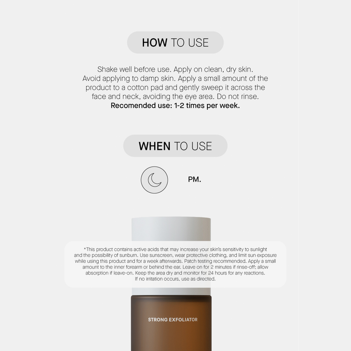 Anleitungsgrafik für den Strong Exfoliator von Transparent Lab, die die Verwendung, den Zeitpunkt und einen Teil der Produktflasche zeigt.