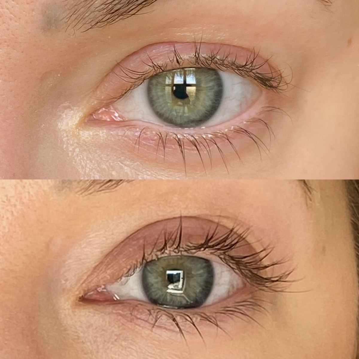 Nahaufnahme eines grünen Auges vor und nach der Anwendung des XLASH Xlash Wimpernserenums – 1 ml: vollere Wimpern und klar definierte Augenlider.