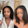 Geteilte Abbildung: Frau mit nassen Haaren, die den „Abyssian Hello Volume Hair Loss Conditioner“ in der Hand hält (vorher), und glänzendes, glattes Haar (nachher).