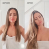 Frau im Handtuch zeigt die Veränderung ihrer Haare: Vorher – glatt; nachher – wellig und voluminös dank des „Abyssian Youth Bloom Hair Mist“.