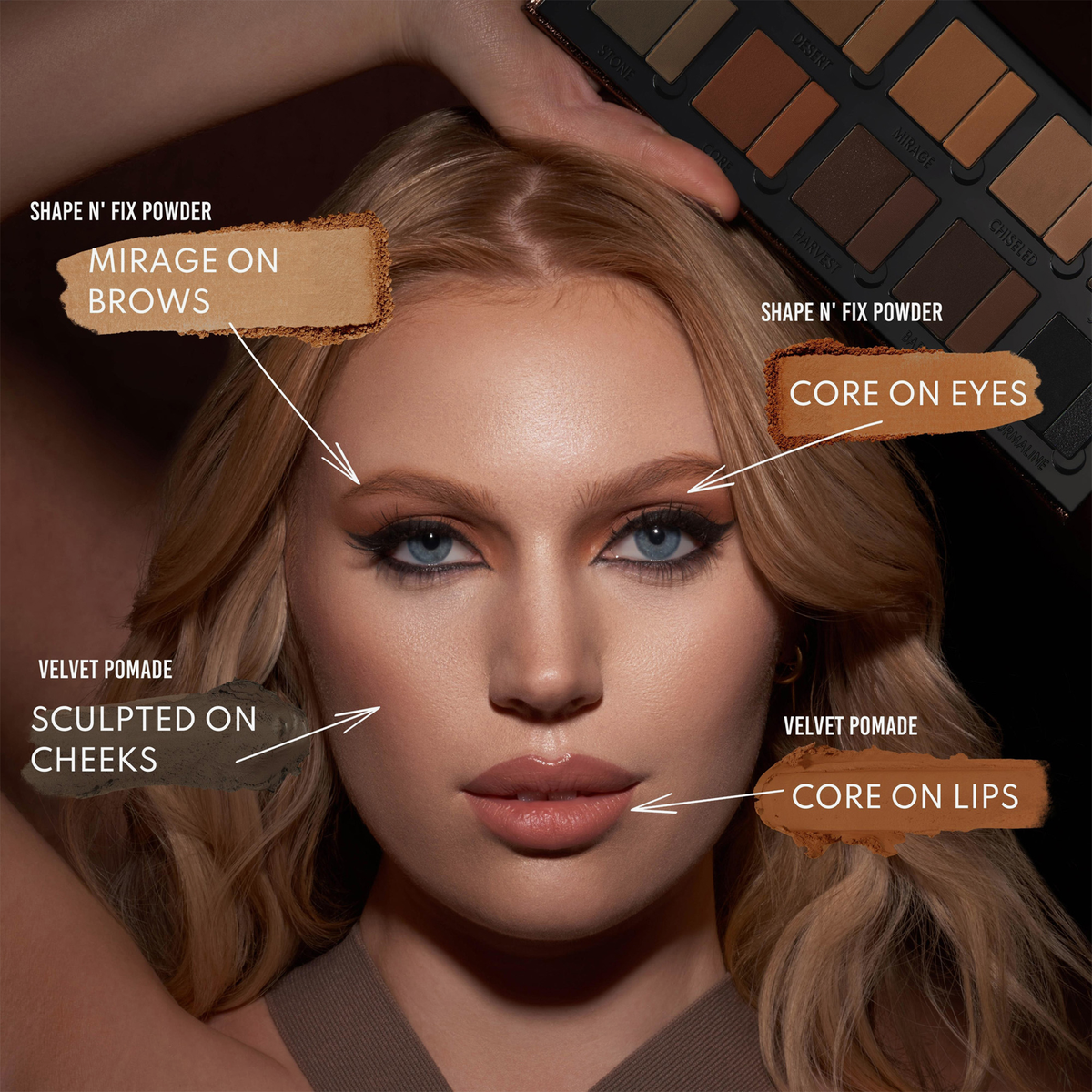 Frau mit Make-up, das mit der Danessa Myricks Beauty Groundwork Palette - Defining Neutrals aufgetragen wurde: Mirage für die Brauen, Core für Augen und Lippen, Sculpted für die Wangen.
