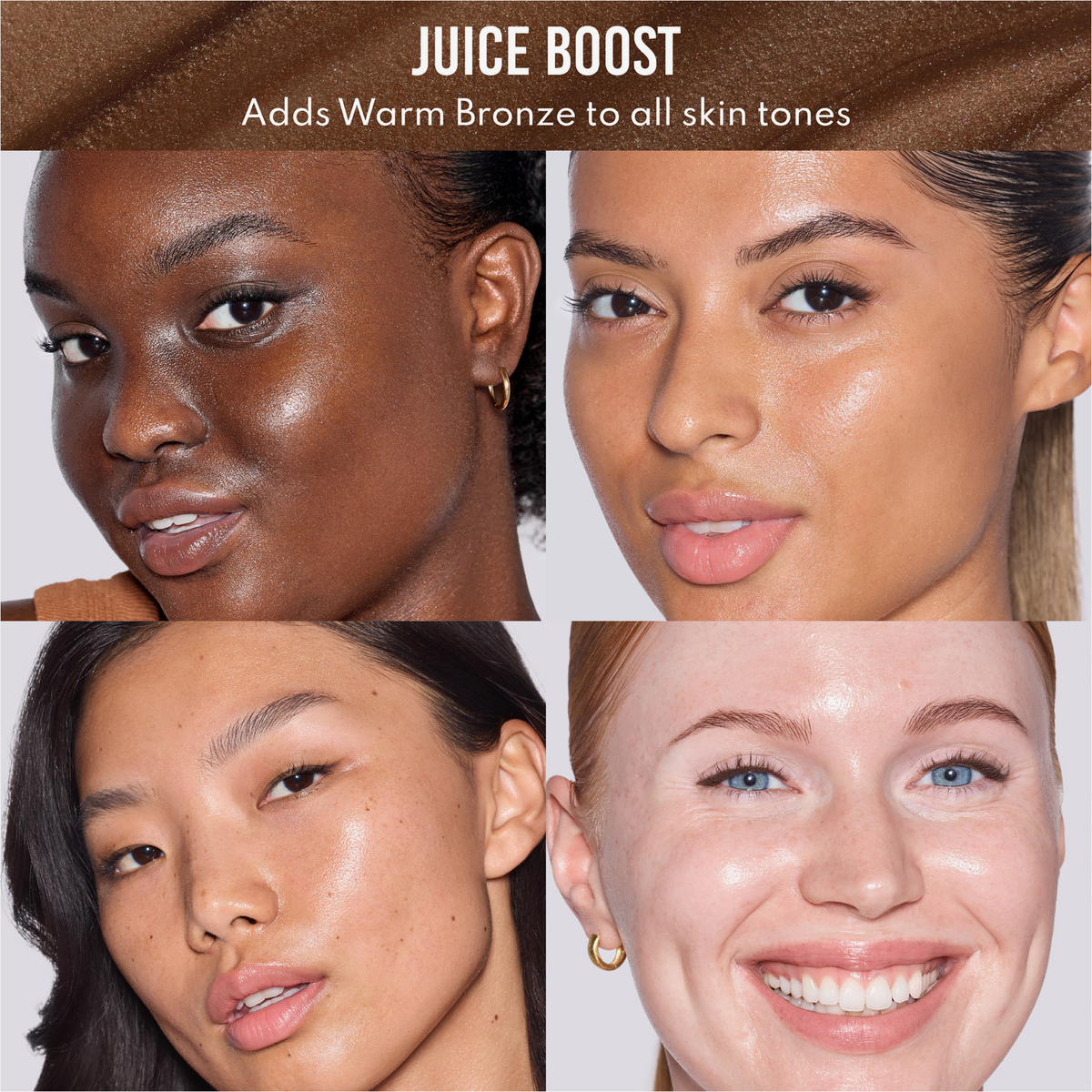 Vier Frauen mit unterschiedlichen Hauttönen, die alle Danessa Myricks Beauty Yummy Skin Glow Serum Juice Boost in einem warmen Bronzeton tragen, lächeln in die Kamera.