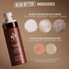 Braune Flasche Danessa Myricks Yummy Skin Blurring Balm Spray mit Abbildungen der Inhaltsstoffe, die für Öl-Kontrolle, Feuchtigkeit und Hautbarriere-Schutz sorgen.