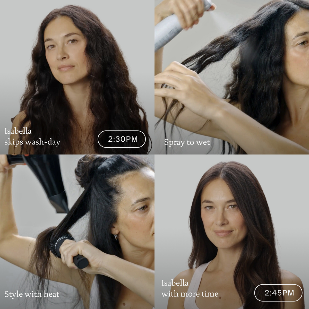 Vier Schritte Haarstyling: Trockenshampoo, Spray auftragen, föhnen und fertiger Look mit glattem, gepflegtem Haar.