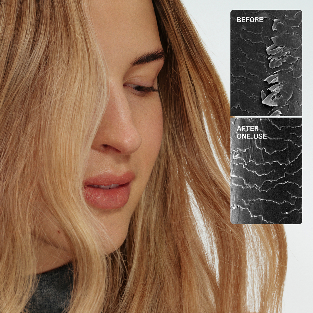 Frau mit glattem blondem Haar; im Bild: Haarfasern vor und nach der OLAPLEX N°3 PLUS Complete Repair Behandlung unter Vergrößerung.