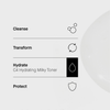 Minimalistische Routine: Reinigen, Verwandeln, Hydratisieren mit Transparent Lab C4 Hydrating Milky Toner, und Schützen - mit Icons.