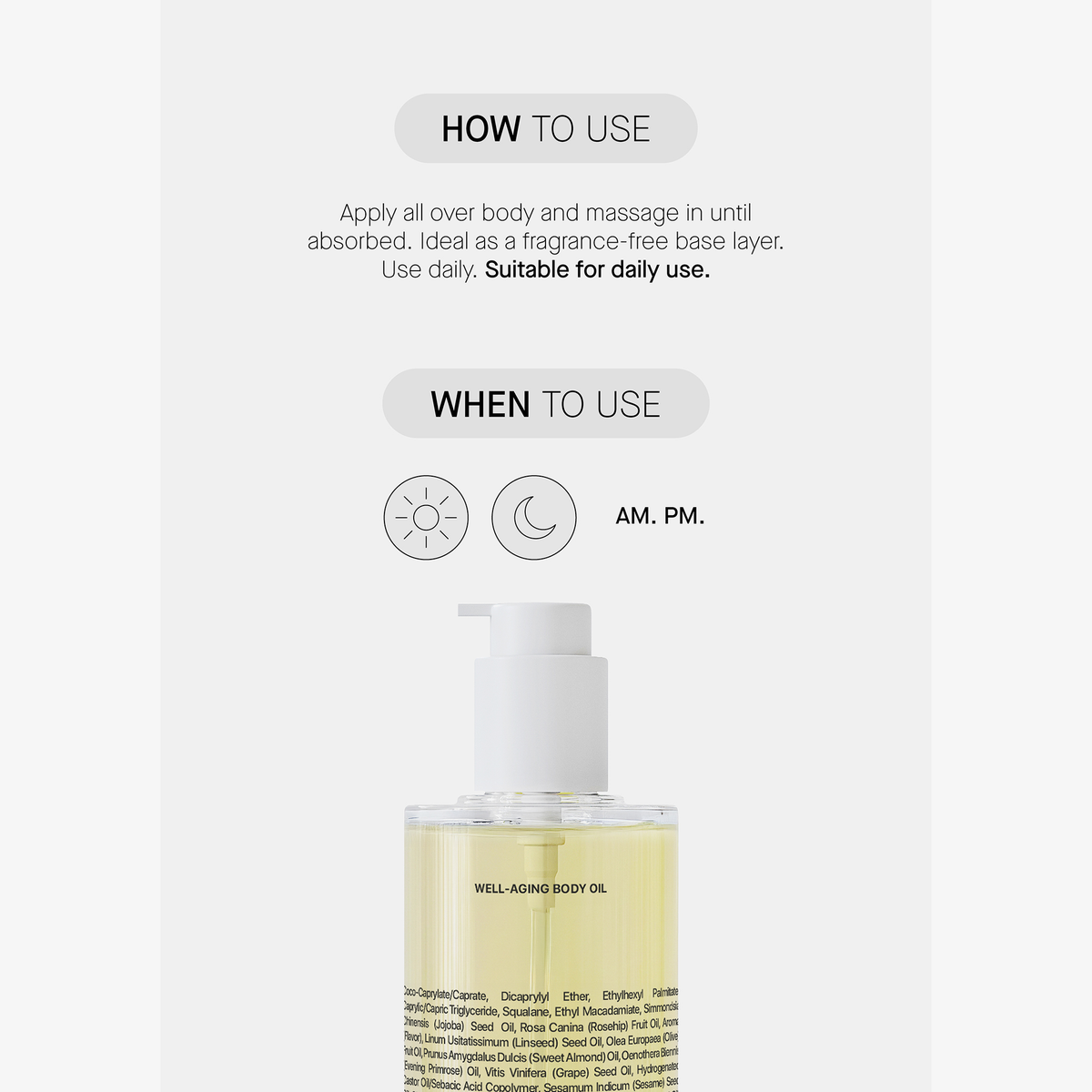 Eine Flasche Transparent Lab Well-Aging Body Oil mit den oben genannten Anweisungen zur täglichen Anwendung morgens und abends.