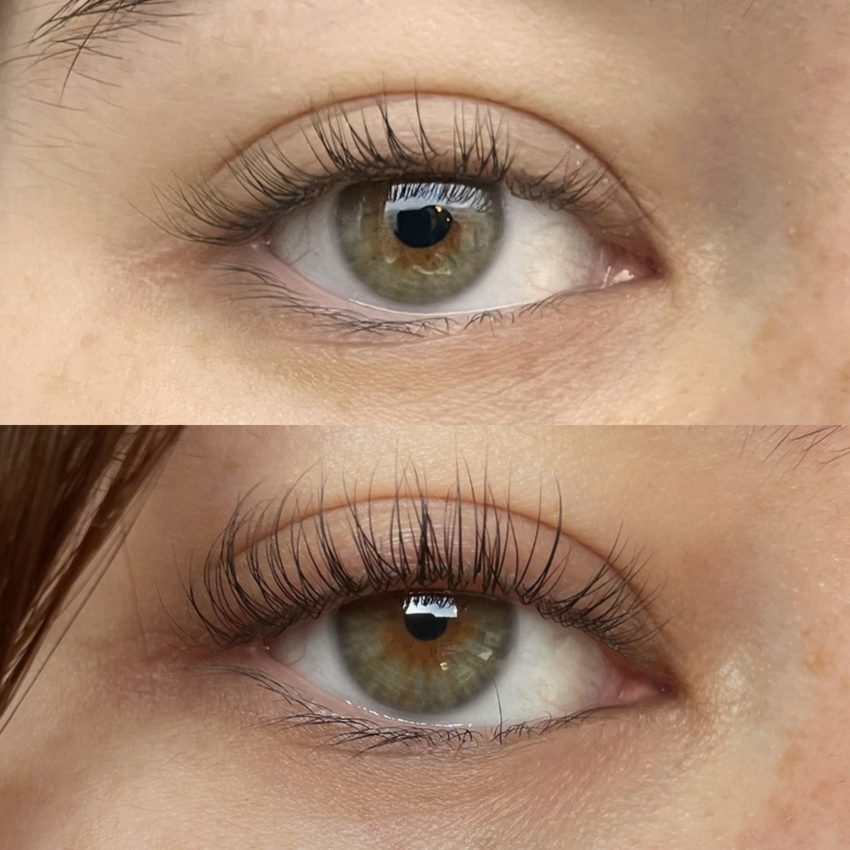 Nahaufnahme eines grünen Auges vor und nach der Anwendung des XLASH Xlash Wimpernserenums 1 ml, wobei auf dem Nachher-Bild sichtbar angehobene, geschwungene Wimpern zu sehen sind.