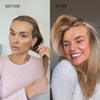Doppelte Darstellung: Links eine Frau mit plattem Haar; rechts eine lächelnde Frau mit vollem Haar. Vor und nach der Anwendung des Abyssian Hello Volume Shampoos gegen Haarausfall.