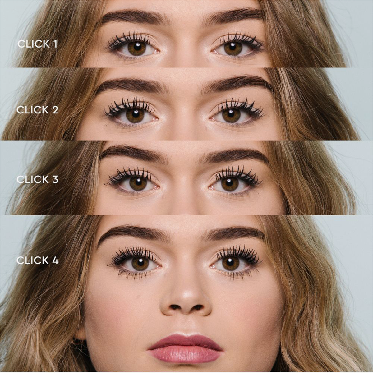 Das Gesicht einer Frau wird viermal mit größer wirkenden Augen gezeigt. Beschriftungen: 1 bis 4. Produkt: BLONDESISTER 4 IN 1 CLICK & TURN MASCARA.