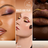 Drei Nahaufnahmen der Lightwork Palette VIII Freedom Palette, die das Auftragen von Make-up auf Augen, Wangen und Lippen zeigen.