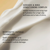 Textur der OLAPLEX Rich Hydration Mask im Hintergrund; darüber Infos zum Avocado & Shea Conditioning Complex und zur Biomimetic Cuticle Technology.