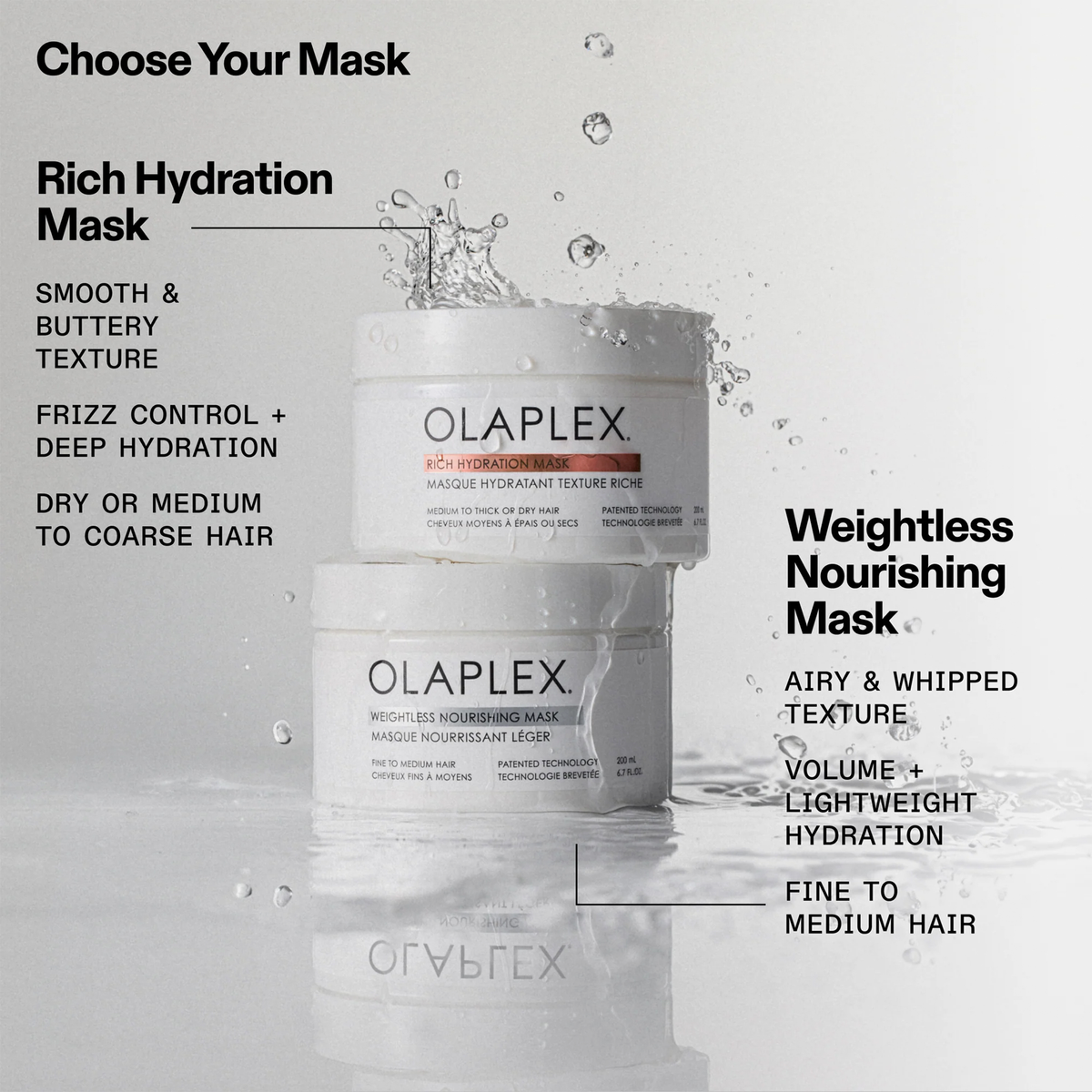 Die Rich Hydration Mask für tiefenwirksame Feuchtigkeit und die Weightless Nourishing Mask, die jeweils mit Details für verschiedene Haartypen versehen sind.