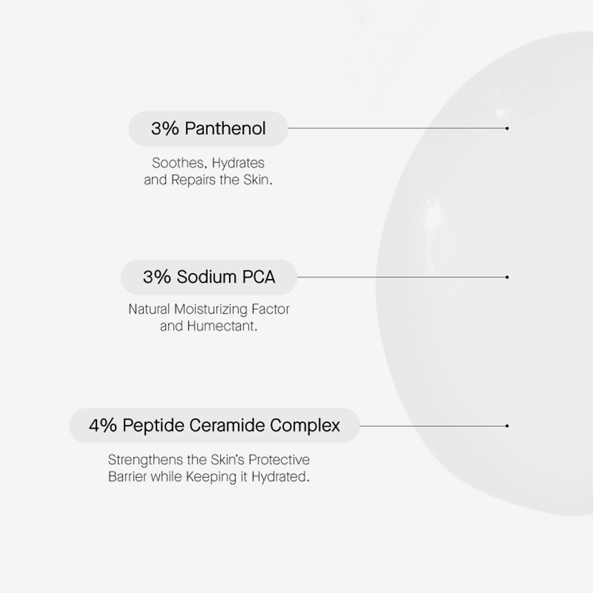 Die Infografik zeigt, wie C4 Hydrating Milky Toner von Transparent Lab die Haut mit Panthenol, Sodium PCA und dem Peptide Ceramide Complex mit Feuchtigkeit versorgt und repariert.