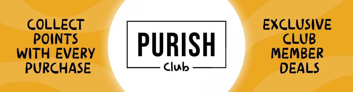 PURISH Club Banner mit Hinweis auf Punkte sammeln bei jedem Einkauf und exklusive Angebote für Mitglieder auf gelbem Hintergrund.