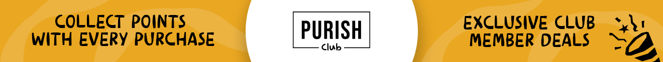 PURISH Club Banner in Gelb mit Text zu Punkte sammeln bei jedem Einkauf und exklusiven Angeboten für Mitglieder.