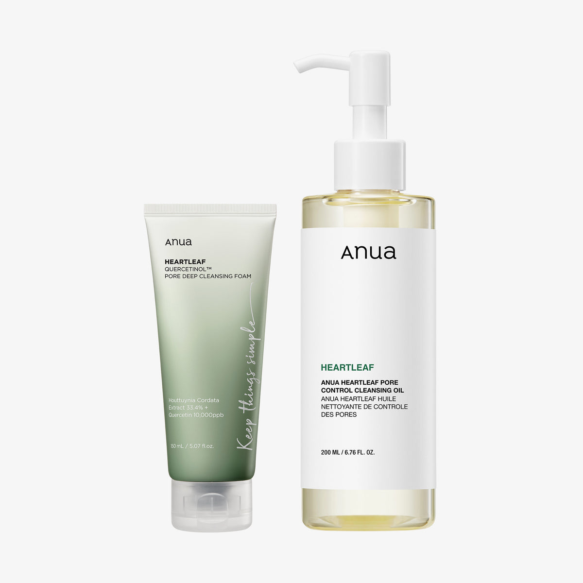 Anua Double Cleanse Duo mit Heartleaf Pore Deep Cleansing Foam und Heartleaf Pore Control Cleansing Oil – für porentiefe, sanfte Reinigung.