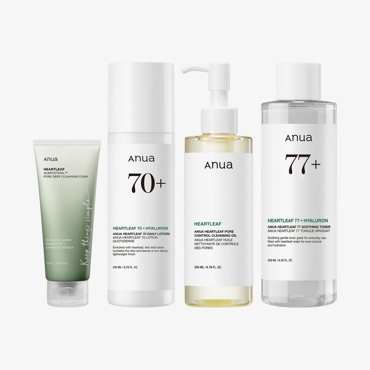Anua Starter Kit mit Heartleaf Reinigungsschaum, 70+ Daily Lotion, Pore Control Cleansing Oil und 77+ Soothing Toner – komplette Pflege-Routine.