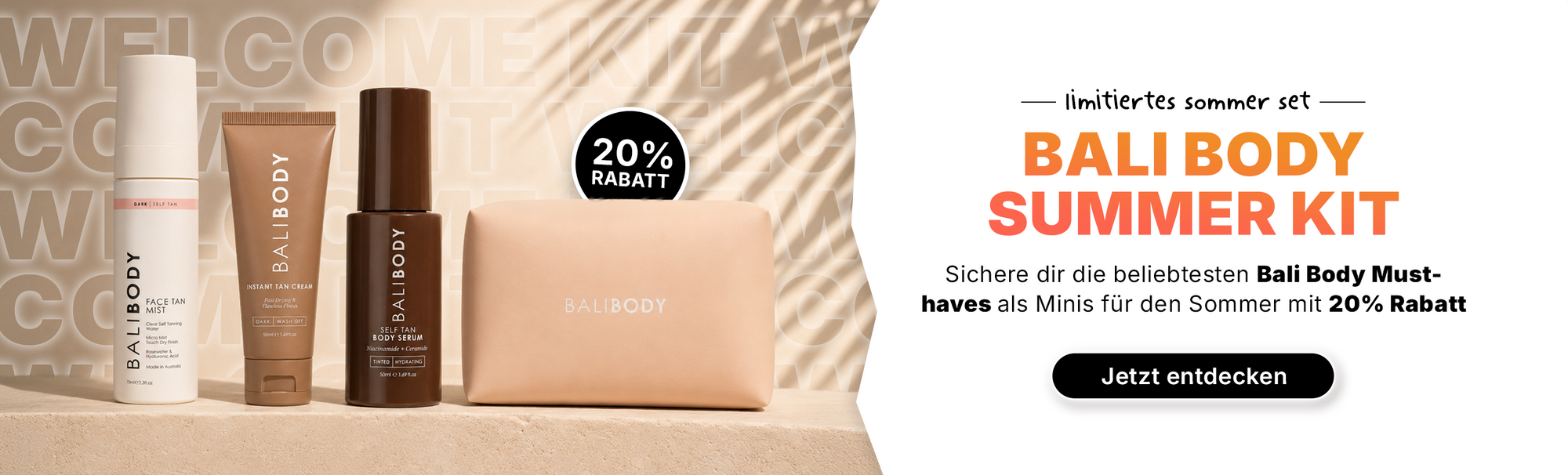 Vier Hautpflegeprodukte von Bali Body und ein Beutel mit der Aufschrift: „Bali Body Summer Kit, 20 % Rabatt“.