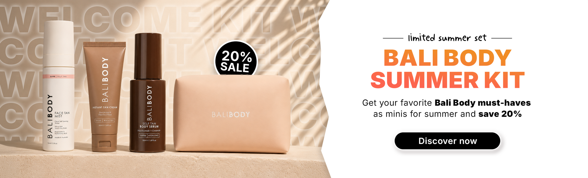 Vier Hautpflegeprodukte von Bali Body und ein Beutel, präsentiert mit einem Werbetext, der für ein Sommer-Set und einen Rabatt von 20 % wirbt.