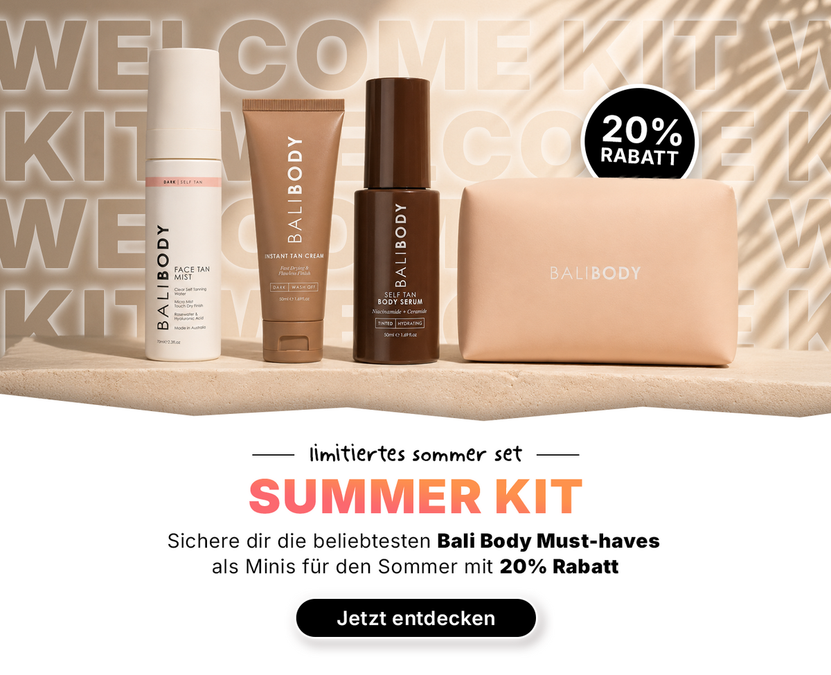 Vier Hautpflegeprodukte von Bali Body und ein Beutel, präsentiert mit der Aufschrift „SUMMER KIT“ und dem Text „20 % Rabatt“ auf Deutsch.