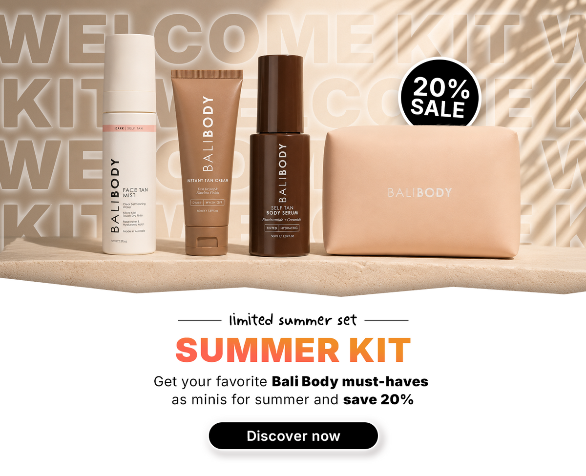 Vier Hautpflegeprodukte von Bali Body und ein Beutel sind ausgestellt, zusammen mit einem „20 % Rabatt“-Schild und einem Werbetext für ein Sommer-Set.
