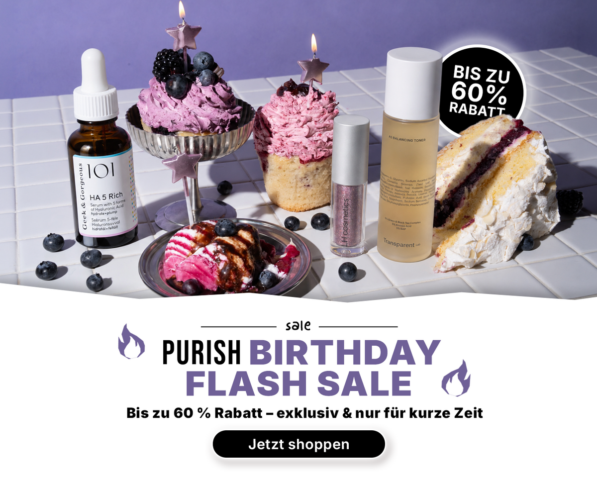 Kosmetikartikel, Cupcakes und Kuchenstücke werden zusammen mit einer „Purish Birthday Flash Sale“-Anzeige auf Deutsch präsentiert, die Rabatte von bis zu 60 % verspricht.