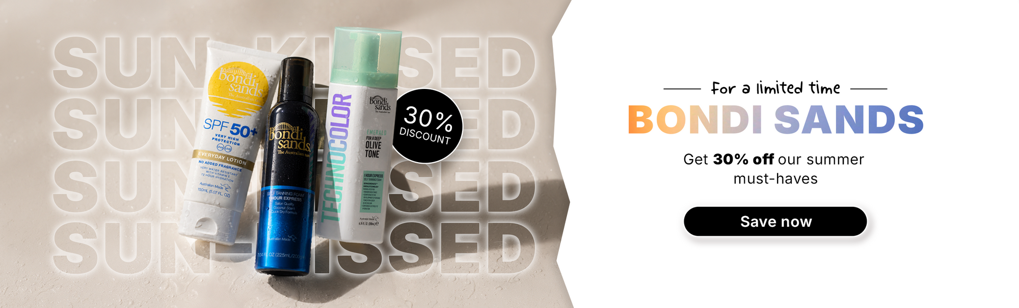 Vier Hautpflegeprodukte von Bondi Sands mit einem 30-Prozent-Rabatt-Siegel und einer Aktion mit 30 Prozent Rabatt auf Sommer-Must-haves.