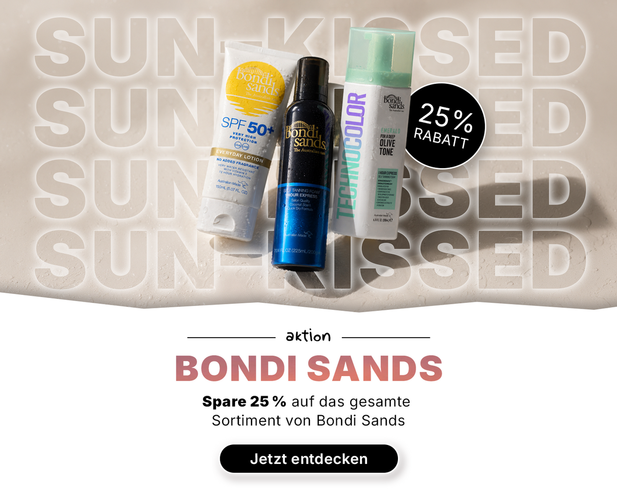 Werbebanner für Bondi Sands mit SPF 50+ Sonnenschutz, Selbstbräuner und Technocolor Emerald Olive Tone Selbstbräuner. Hinweis auf 25 % Rabatt auf das gesamte Bondi Sands Sortiment.