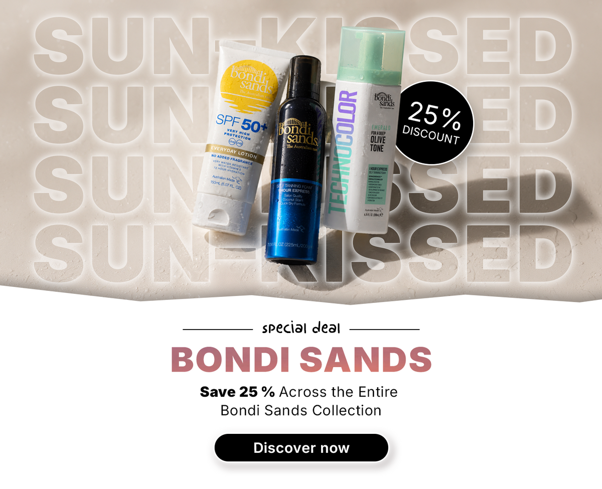Promotional banner for Bondi Sands featuring SPF 50+ sunscreen, self-tanning foam, and Technocolor Emerald Olive Tone self-tanner. Highlights a 25% discount on the entire Bondi Sands range.