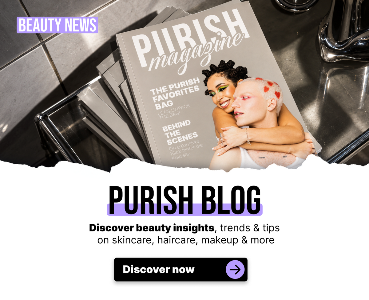Eine Ausgabe des Purish-Magazins mit einem Paar auf dem Titelblatt, darüber der Text Purish Blog: Entdecken Sie Beauty-Tipps.