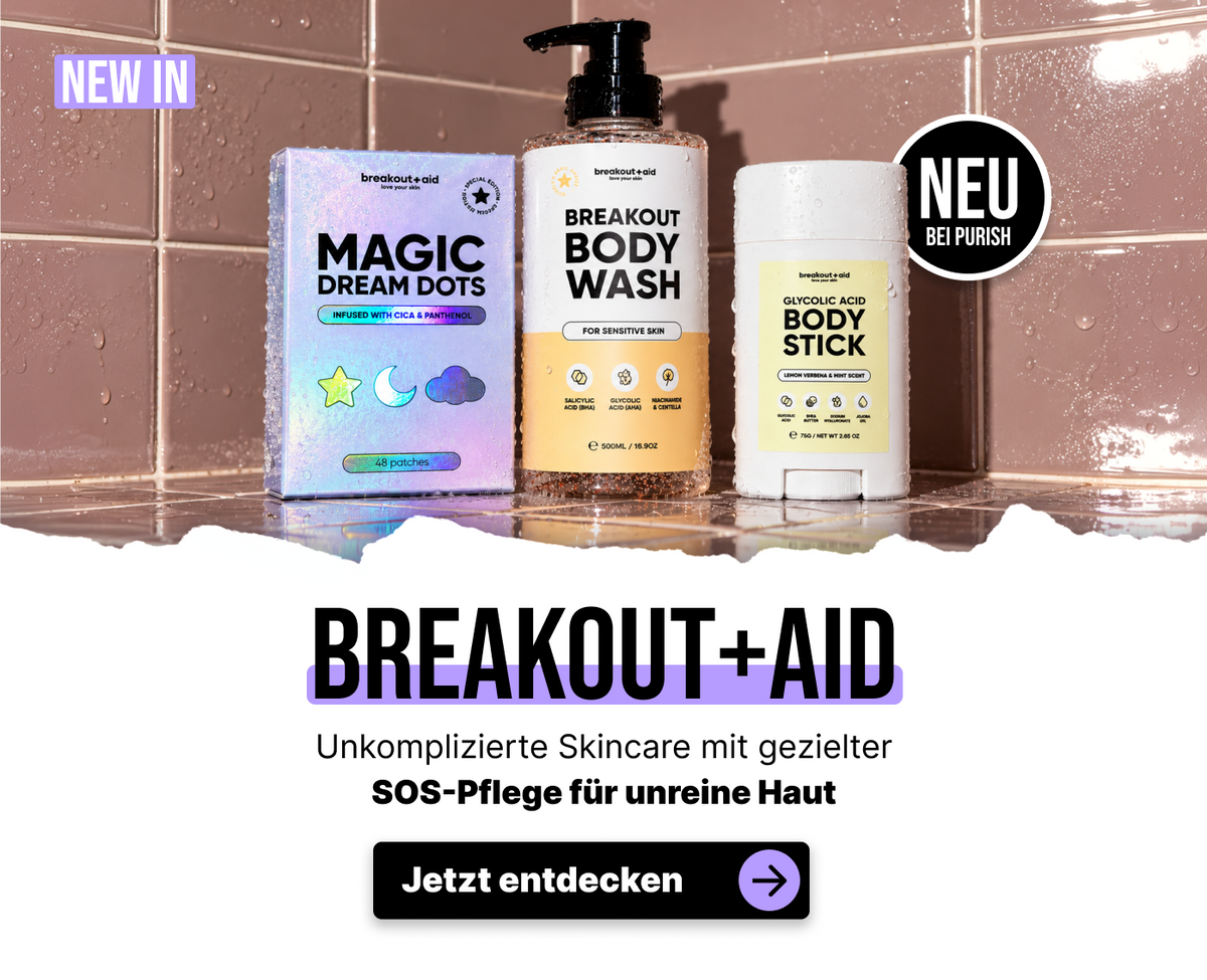 Breakout+Aid-Hautpflegeprodukte, darunter Magic Dream Dots-Pflaster, Duschgel und Körperpflegestift, mit einem Call-to-Action-Button Jetzt entdecken.