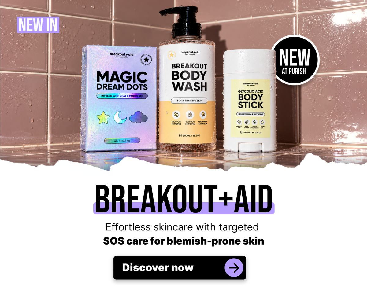 Breakout+Aid-Hautpflegeprodukte, darunter Magic Dream Dots, Duschgel und Body Stick.