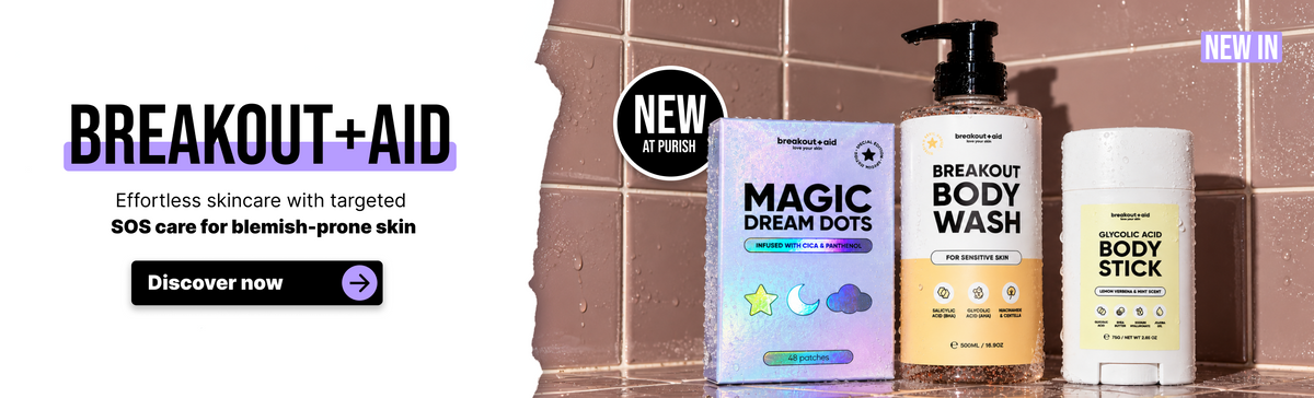 Breakout+Aid-Hautpflegeprodukte, darunter Magic Dream Dots-Pflaster, Duschgel und ein Körperpflegestift, mit Werbetext.