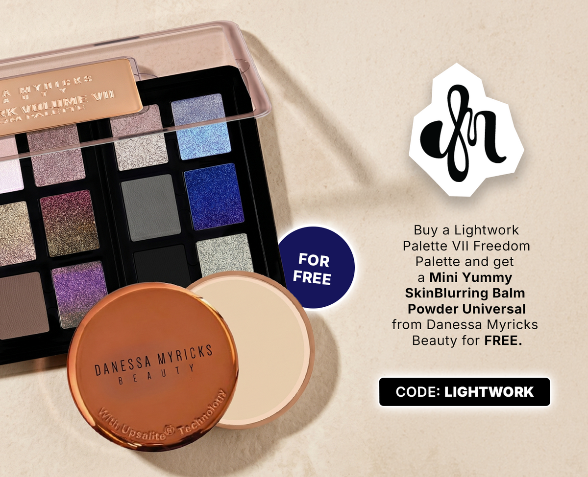 Danessa Myricks Beauty promotion featuring the Lightwork Palette VII with a free Mini Yummy Skin Blurring Balm Powder—use code LIGHTWORK.