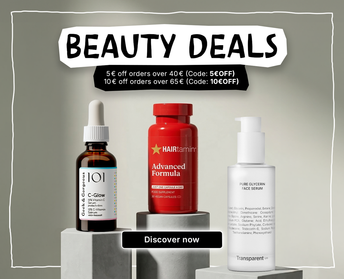 Beauty Deals Banner mit Serum, Hairtamin Supplements und Glycerin-Serum sowie Rabattcodes und ‚Discover now‘ Button.