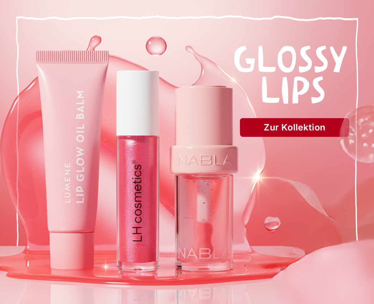 Drei Lippenpflegeprodukte von Lumene, LH Cosmetics und Nabla in Rosa- und Pinktönen vor rosafarbenem Hintergrund, Text 'Glossy Lips'.