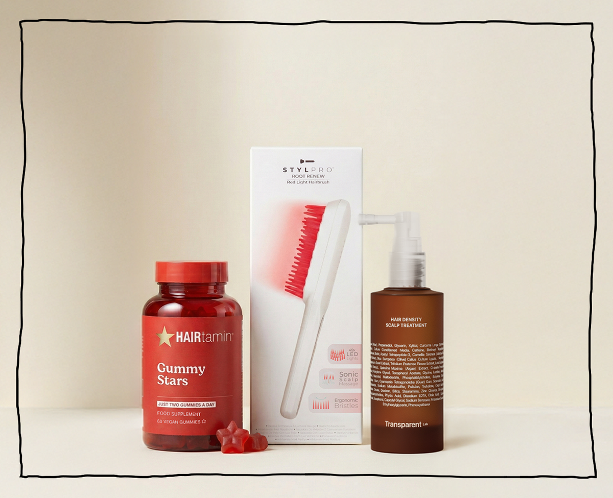 Hairtamin Gummy Stars, STYLPRO LED-Scalp-Brush und Transparent Lab Hair Density Treatment als Haarpflege-Set auf hellem Hintergrund.