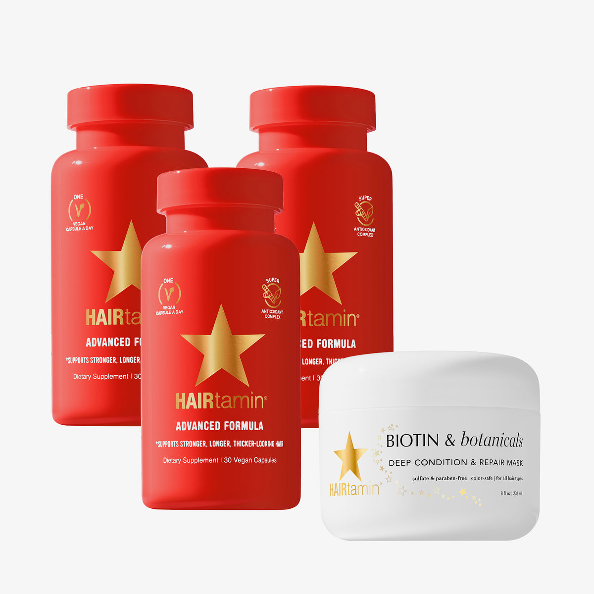 Das Advanced Haircare Bundle bestehend aus drei rote Flaschen Advanced Formula  und der Biotin & Botanicals Deep Condition & Repair Hair Mask.